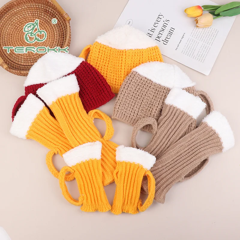 ثلاثية الأبعاد كوب للبيرة قبعات منسوجة الرجال النساء مبطن الدافئة أصابع قفازات منتصف العجل الجوارب الشتاء لينة مضحك النوم جوارب يمكن السير بها على الأرض