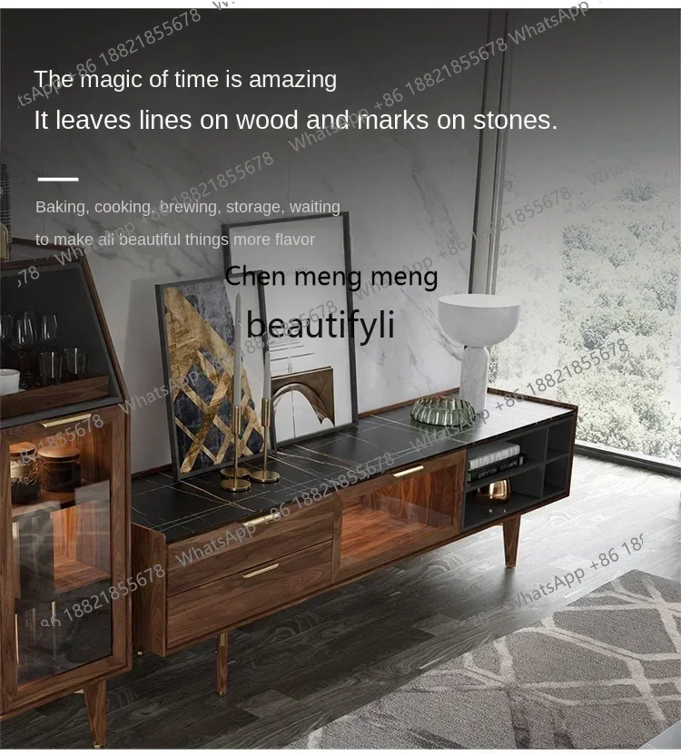 D178  Y zq Nordic TV Cabinet Black Walnut Stone Plate Glass Floor Cabinet Modern Minimalist Side Cabinet Living Room Furniture