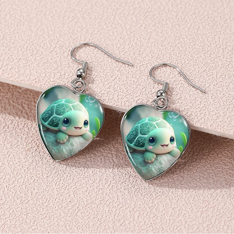 2024 New Sea Turtle Dangle Earring Heart Shaped Earrings Handmade Glass Dome Jewelry