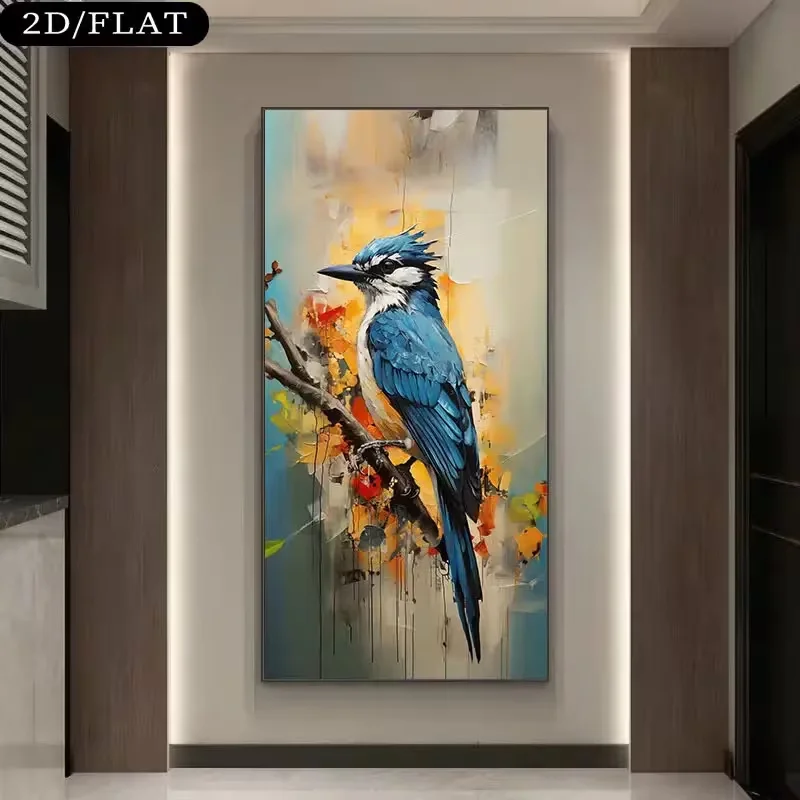 Large Canvas Wall Art - Blue Jay Tree Branch Modern Abstract Bird Painting, Turquoise & Golden Natural Print, Decorative Poster