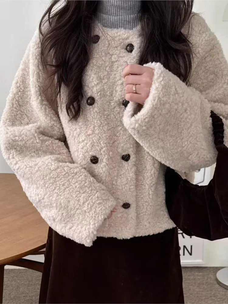 Spring Autumn Chic Korean French Style Fashion Little Chiffon Simple Round Neck Double Button Fur Short Versatile Ladies Coats