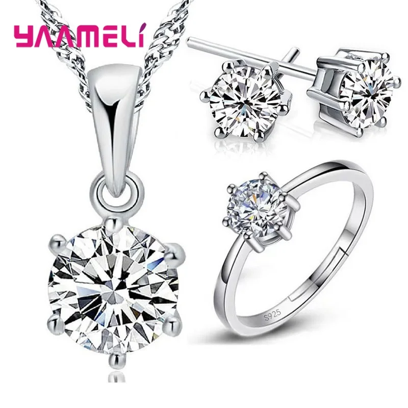 Hot Sale Woman Birthday Gift Wedding Jewelry Set 925 Sterling Silver Color Shiny Crystal Necklace Earring Ring Sets for Wedding