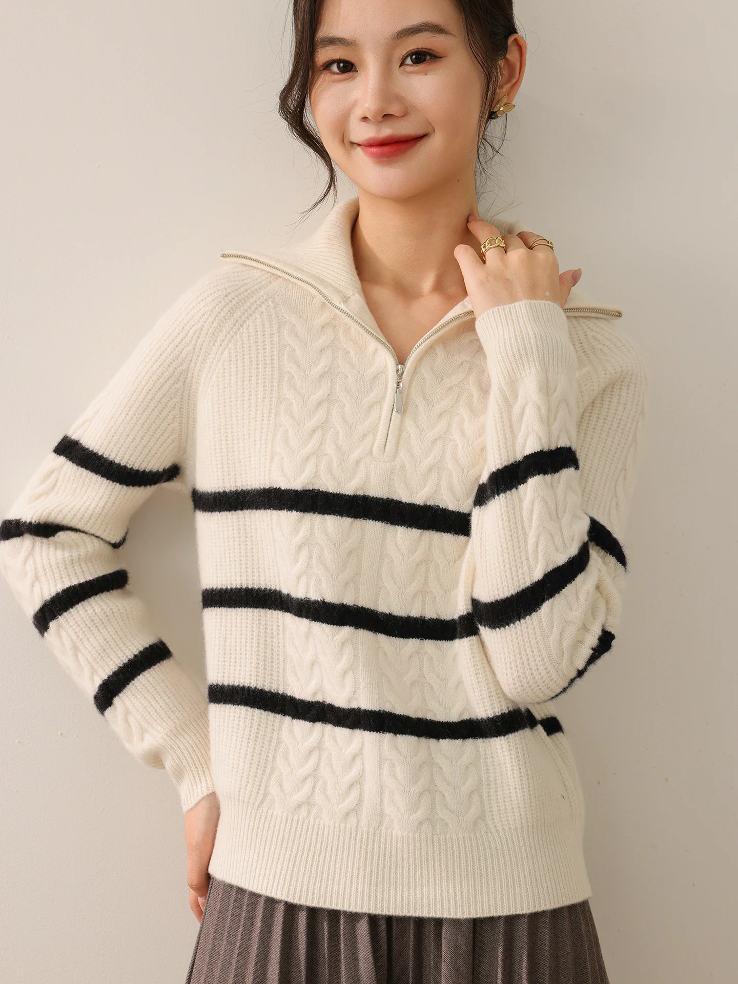 

Новый женский пуловер из 100% мериносовой шерсти, свободный полосатый свитер с цветными блоками, осень-зима, вязаная толстая одежда, теплый мягкий повседневный топ