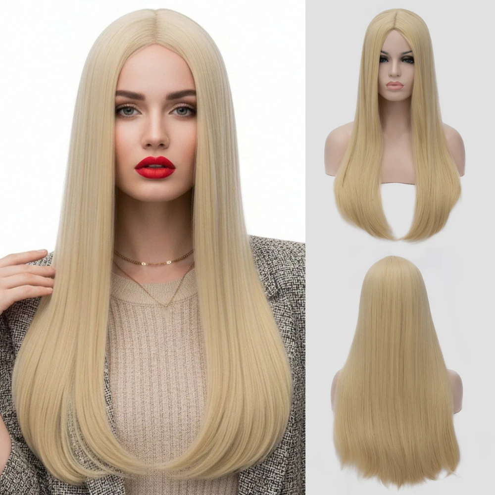 Women's Heat Resistant Golden Blonde Long Straight Synthetic Wig Middle Part Line for Daily Halloween Party