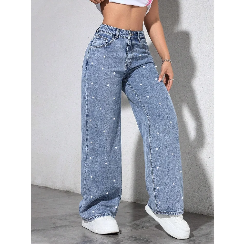 Women High Waist Denim Jeans Ladies Fashion Beading Straight Pants - Image 4