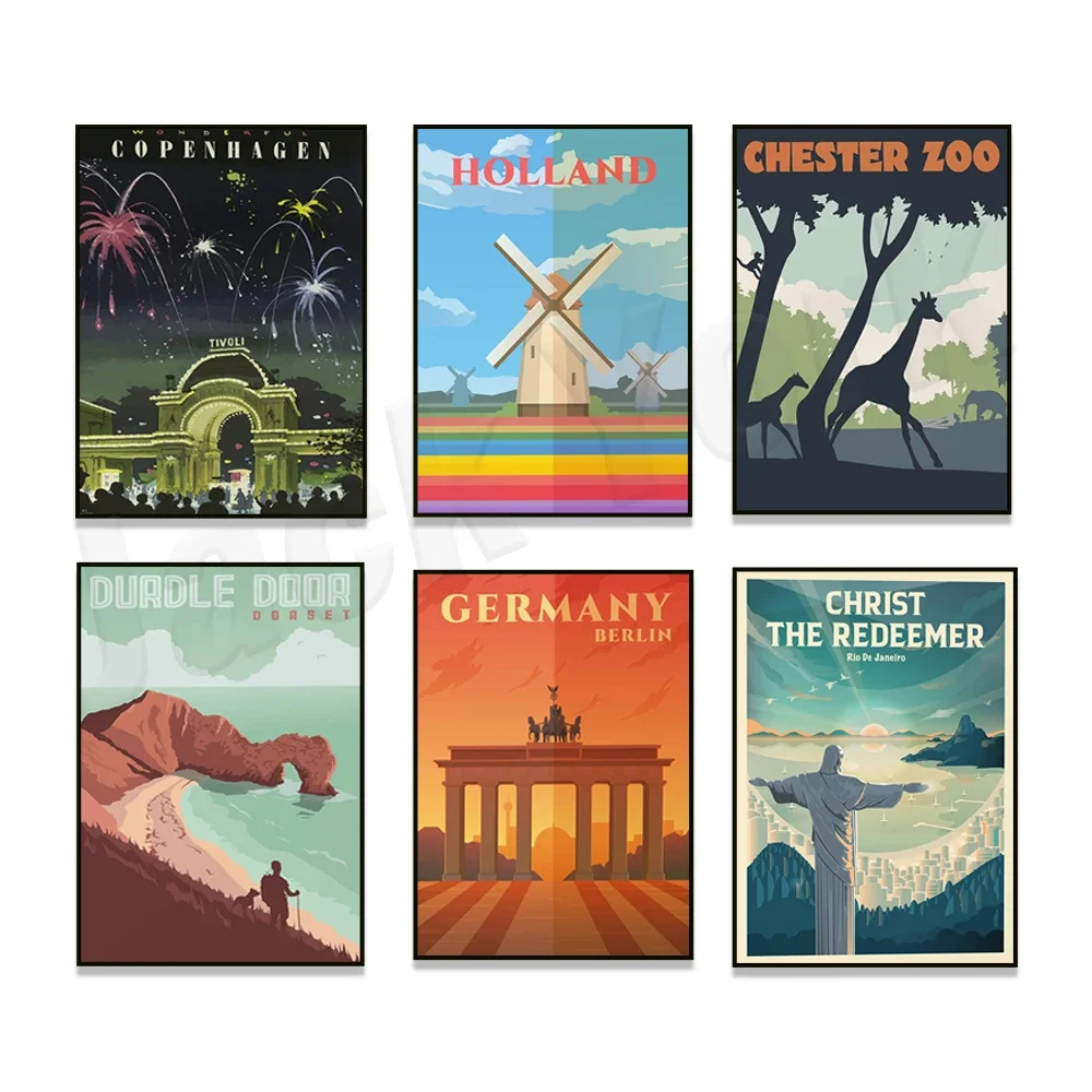 Travel posters for Copenhagen, Sydney, Berlin, Hong Kong Buddha, Durdle Door, Chester Zoo, Kyoto Japan, Yorkshire Coast USA
