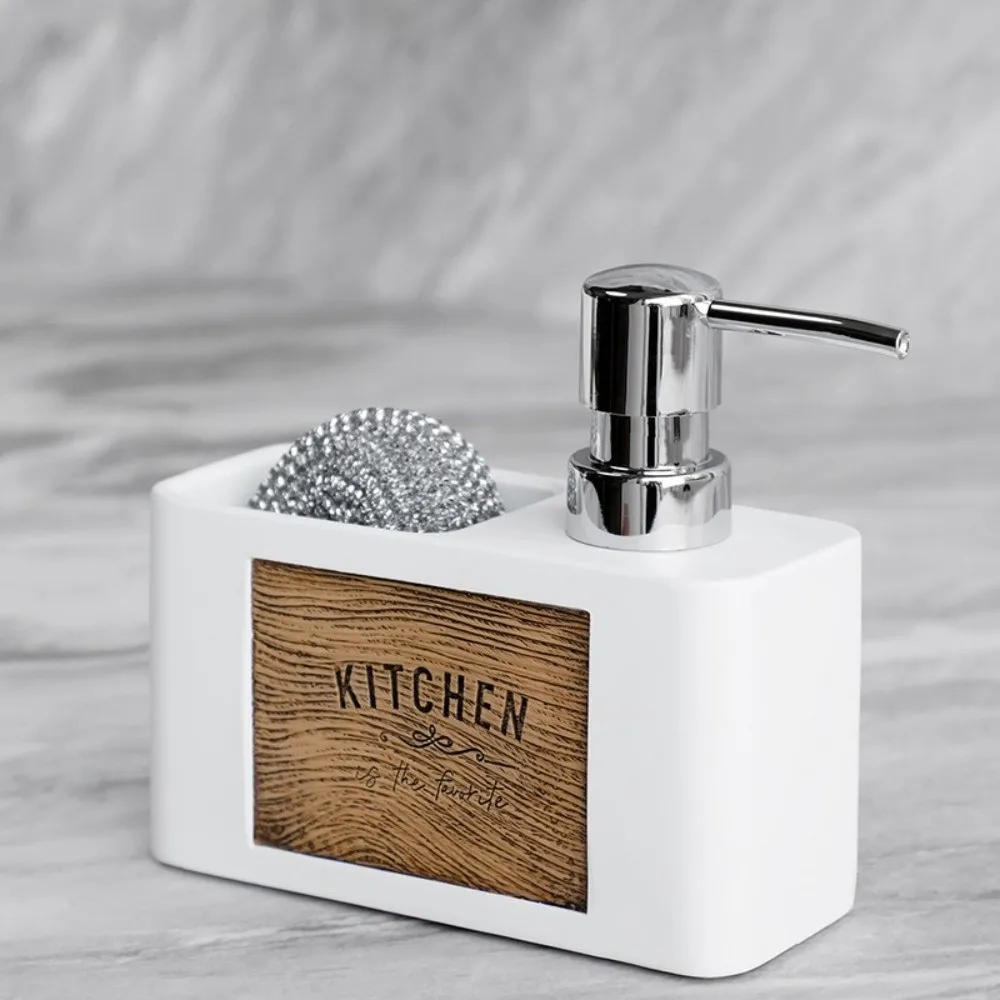 Press Type Kitchen Soap Dispenser with Sponge Holder Wood Grain Liquid Soap Container Refillable Bathroom Hand Wash Bottle