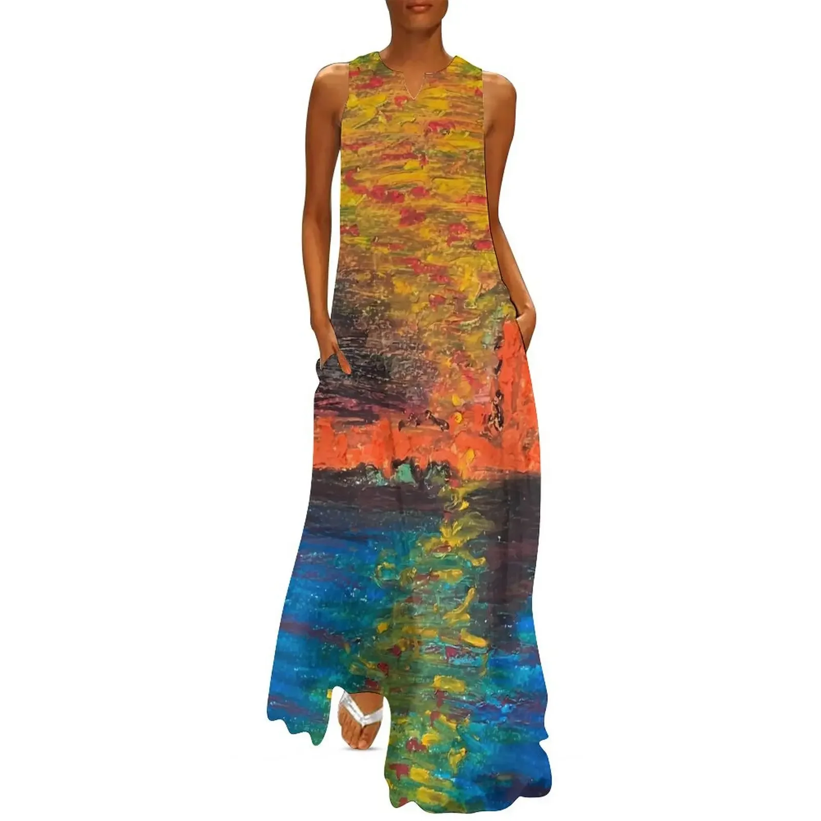 Oil Painting Dress Sexy Sleeveless Party Maxi Dress Streetwear Boho Beach Long Dresses Woman V-Neck Printed Dress Women Vestidos