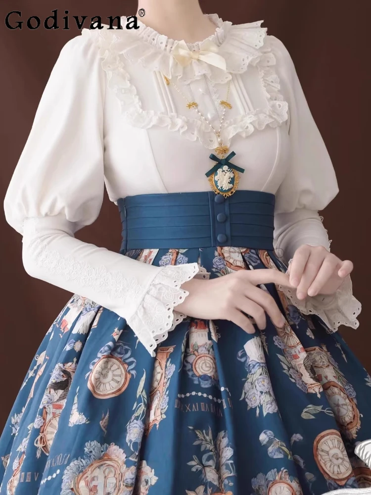 

French Elegant Retro Lolita Long Sleeve Shirt Spring and Autumn New Women's Slim Fit Sweet Bow Inner Blouses Camisa Feminina