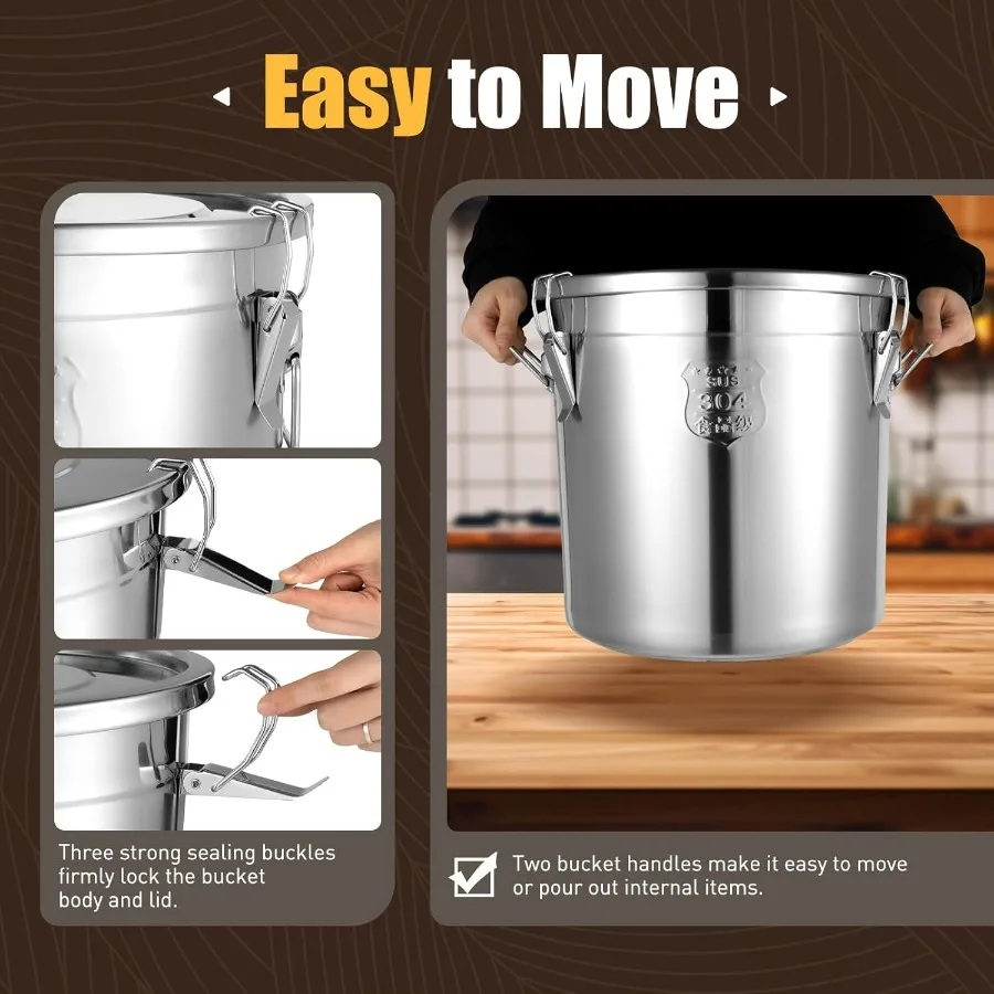 Wadah Kedap Udara Baja Tahan Karat 304 33L 8.7Gal Wadah Besar dengan Tutup dan Penjepit Pengunci Kokoh untuk Penyimpanan Makanan