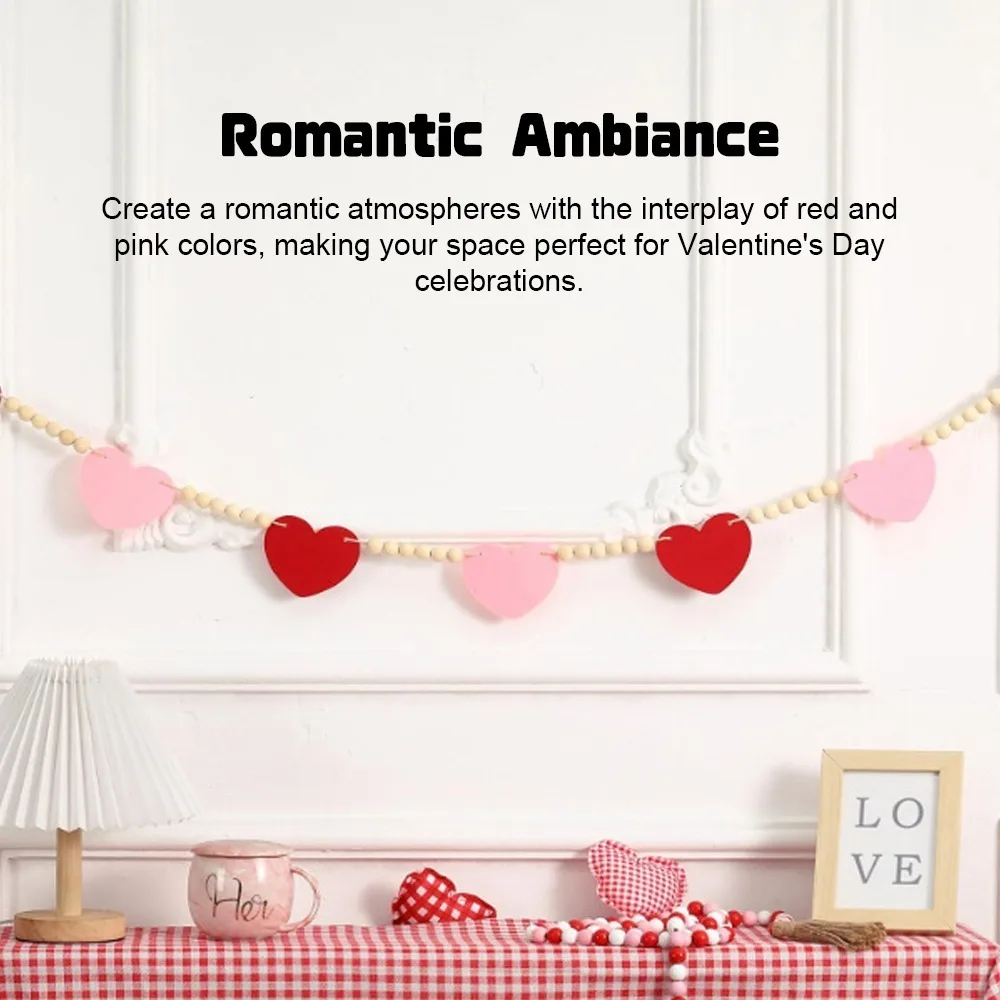 Red Pink Color Felt Heart Garland 61.81in Farmhouse Style Valentine Bunting Banner Pre-Made Hanging Loop Valentine Party Garland
