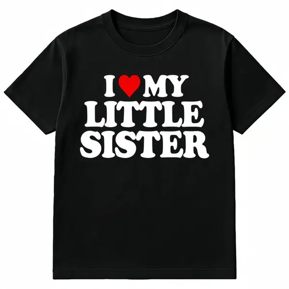 Women's Black Cotton Short-Sleeve Humor Graphic Tee - Casual Round Neck Unisex Fit Clothes, Made in USA, I Love My Little Sister Heart Dab-Dude Humor Holiday Gift Tee, S-5XL