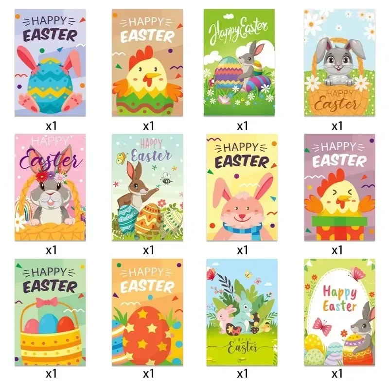 12pc Easter Themed Greeting Card Cute Rabbit Egg Party Invitation Letter Postcard Creative Gift Message Decoration Blessing Card