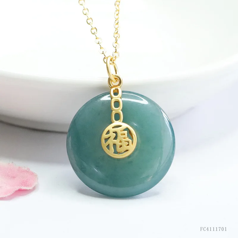 

S925silver Natural Jade Blue Water Peace Buckle Pendant Necklace Carved Charm Jadeite Jewelry Fashion Amulet Gifts Certificate
