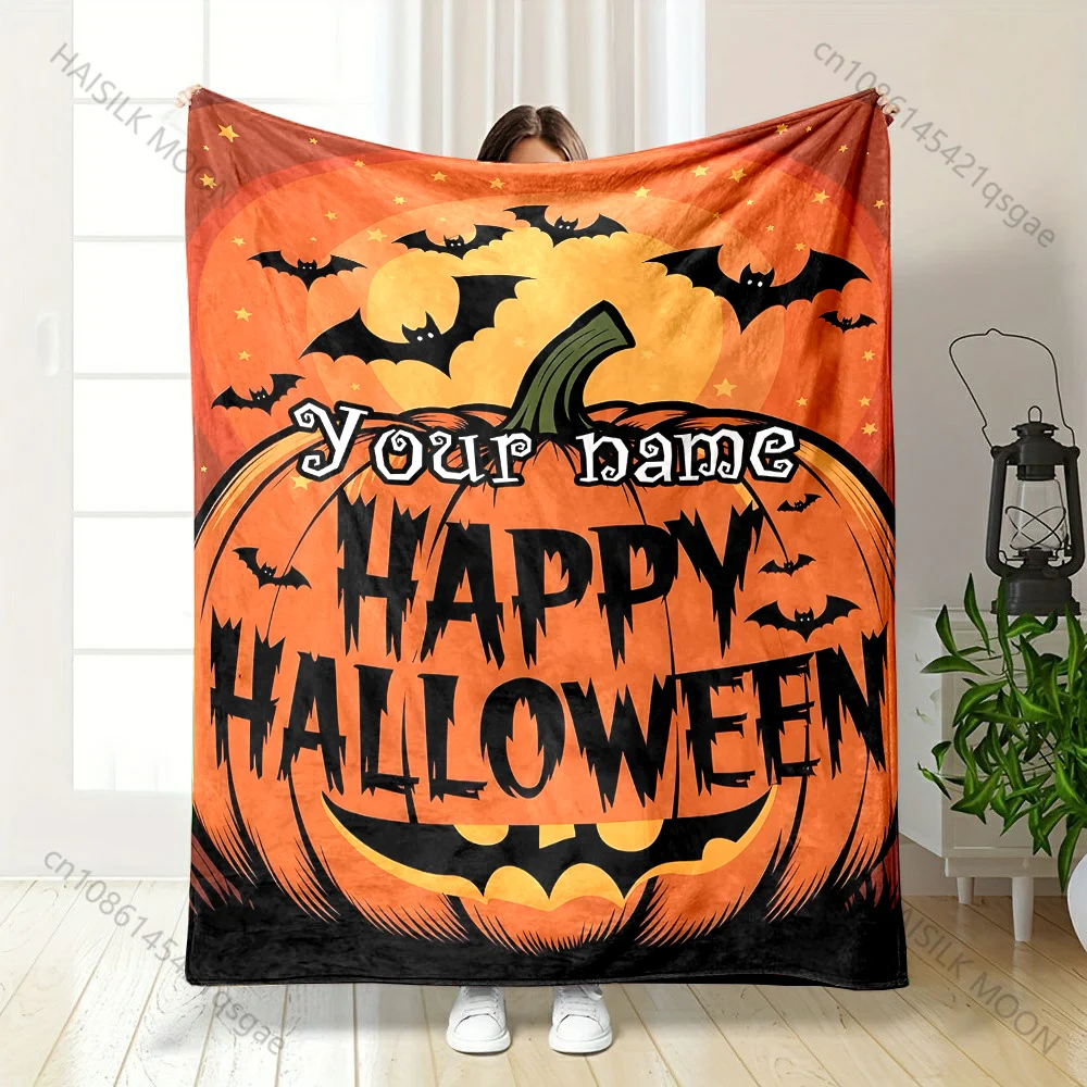 

Custom Name Blanket Halloween Theme Pumpkin Bat Patterns Fluffy Soft Flannel for Home Sofa Travel RV Four Seasons Available
