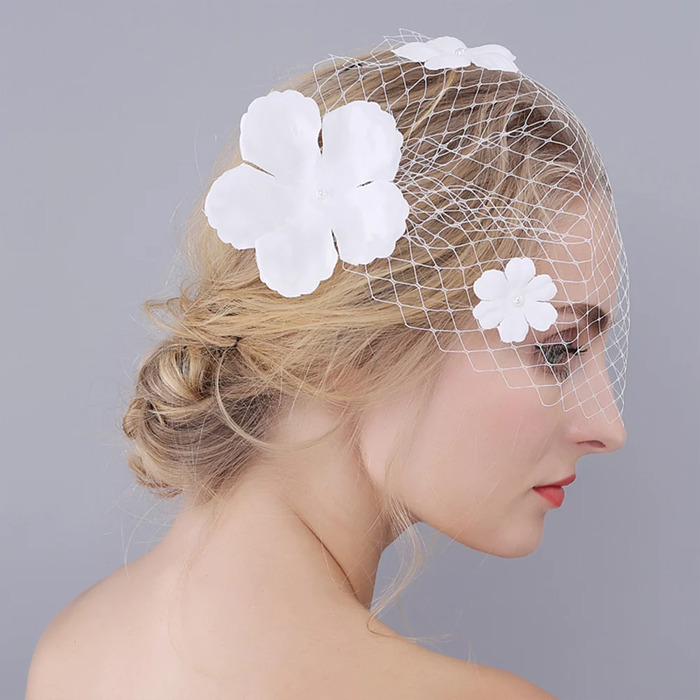 

Flower Covered Covered Face Veil Bridal Wedding Headpieces Short Veil White Flowers Hair Veils With Flower Accessory