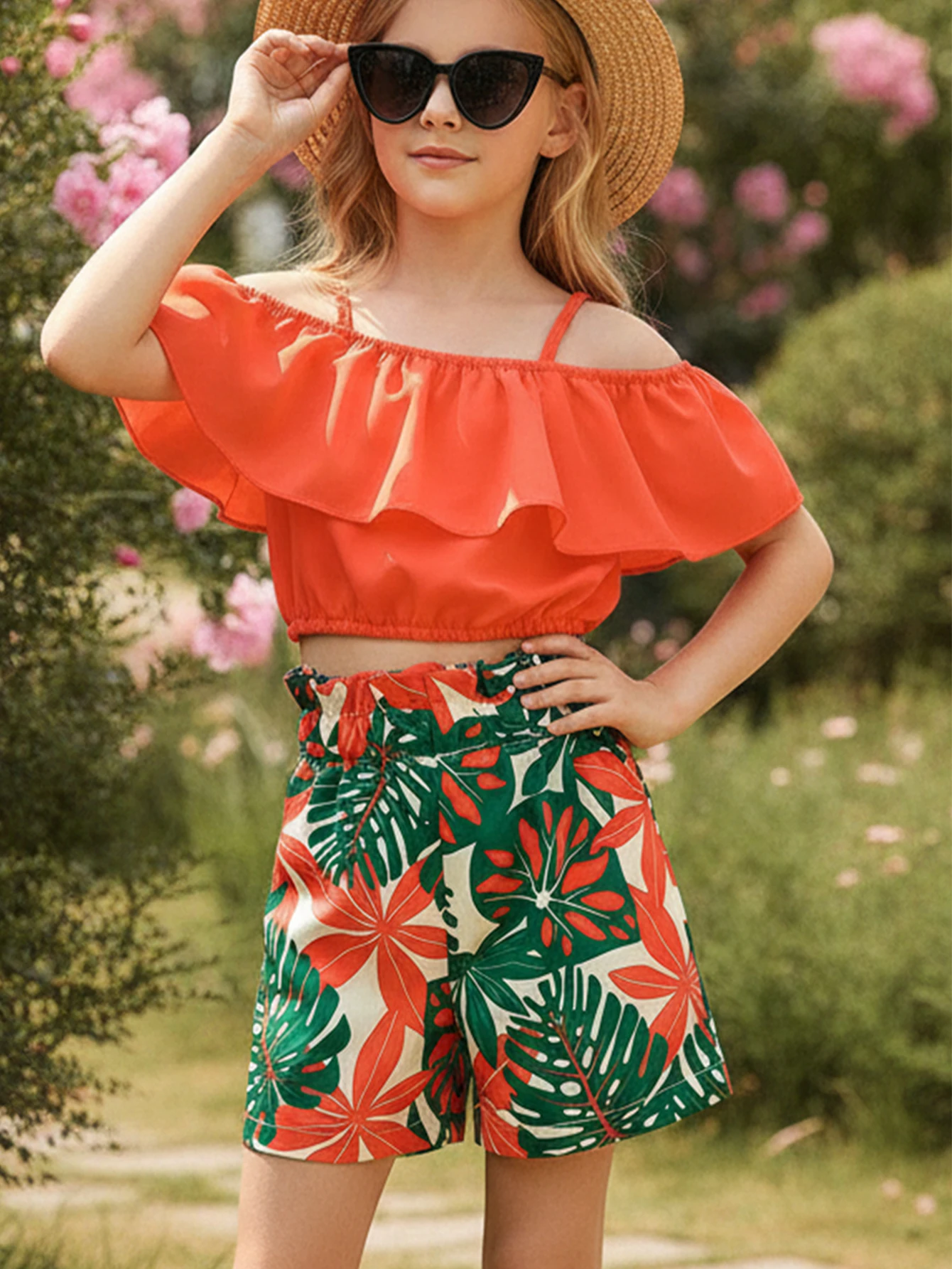 Girls 'Summer Holiday Style 2-Piece Set, Ruffled Suspender Top + Tropical Print Shorts, Children's Fashion Girl Clothing Sets