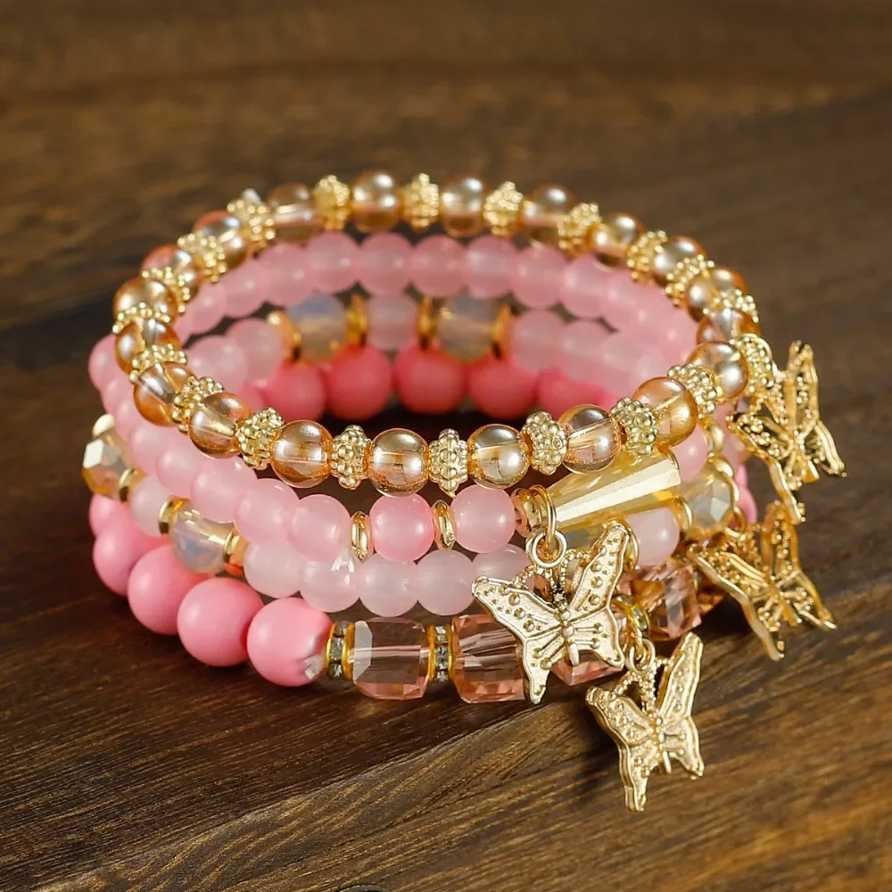 4pcs Set Bohemia Cute Pink Acrylic Beaded Crystal Butterfly Bracelet for Women Charm Multilayer Pearl Bangle Jewelry Accessories