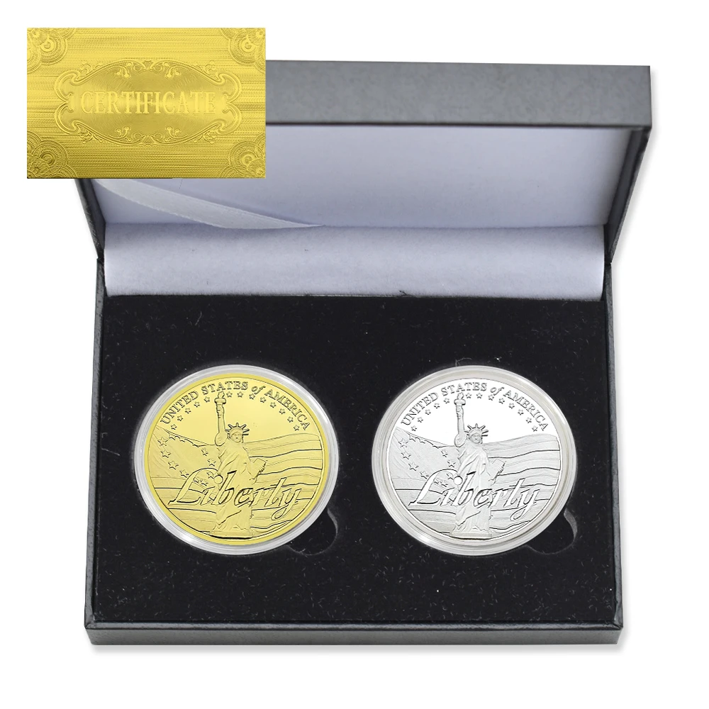 

2 Pc/box American Statue of Liberty Commemorative Coin Metal Challenge Coin with Certificate and Gift Box Collectible Gift
