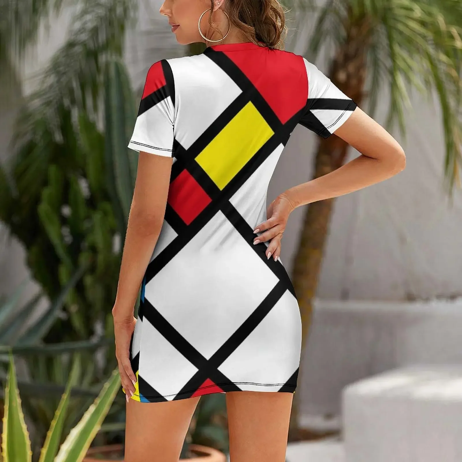 Mondrian Minimalist De Stijl الفن الحديث تصميم تجريدي فستان بأكمام قصيرة فستان طويل فستان صيفي للنساء