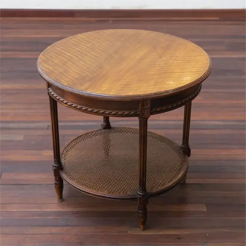 European retro solid wood carving old rattan woven round table middle ancient style carving edge corner table coffee table