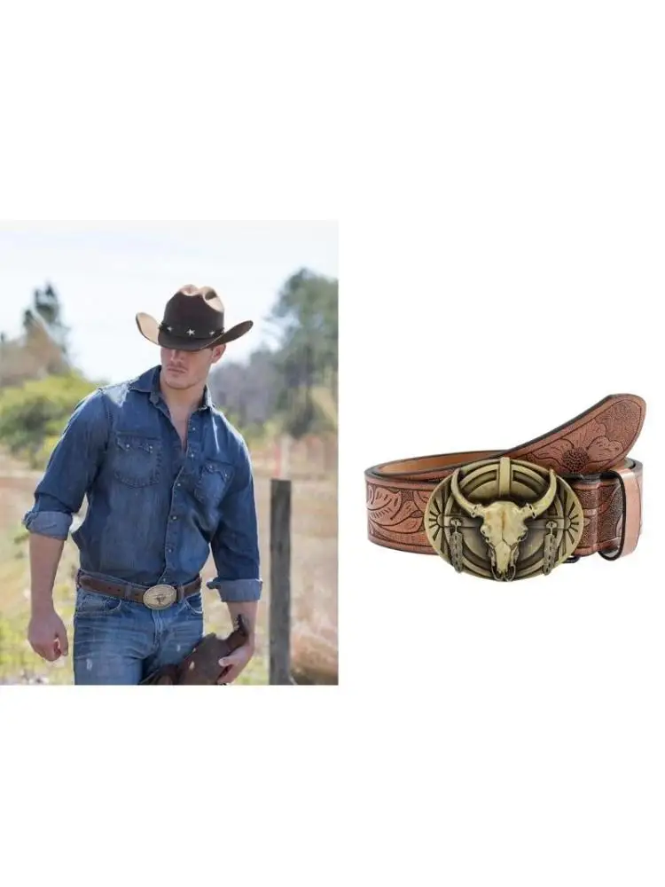 A52E Engraved Buckle Belt for Men Vintage Western Pants Belt Cosplay Costume Decorative Waist Belt for Teens Boy Accessories