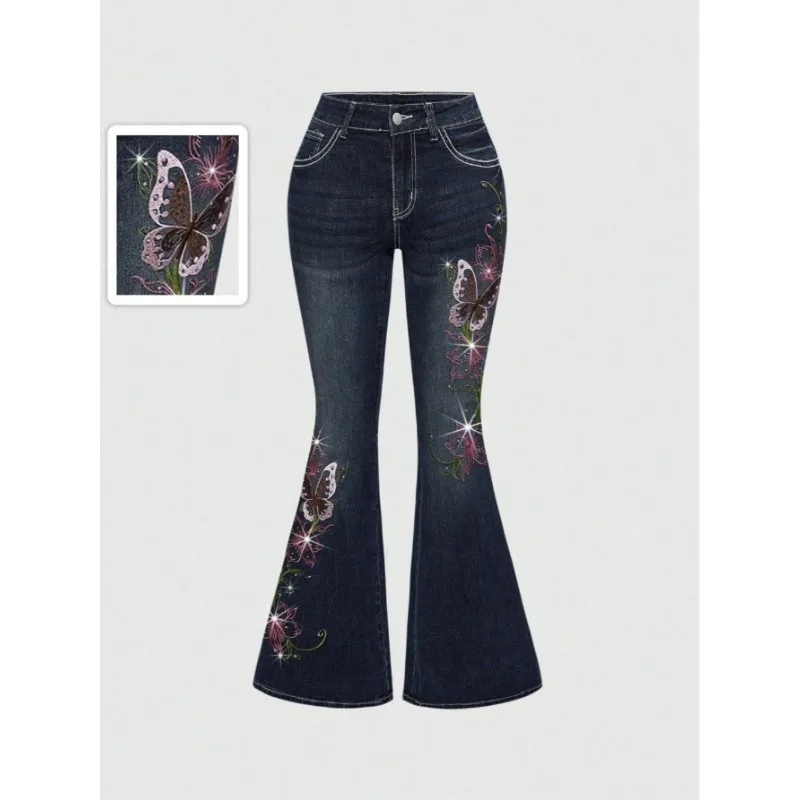 Fashion Embroidered Women Jeans Floral Detail Straight Leg Denim Pants Casual Loose Fit Spring Summer Street Style
