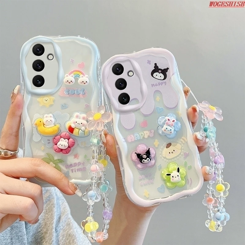 3D Kuromi Cute Bear Wave Phone Case For Tecno Spark 10 Pro 10C 9 8C 5 4 Go Camon 20 15 16S 12 Pop 7 Wrist Strap Cartoon Cover