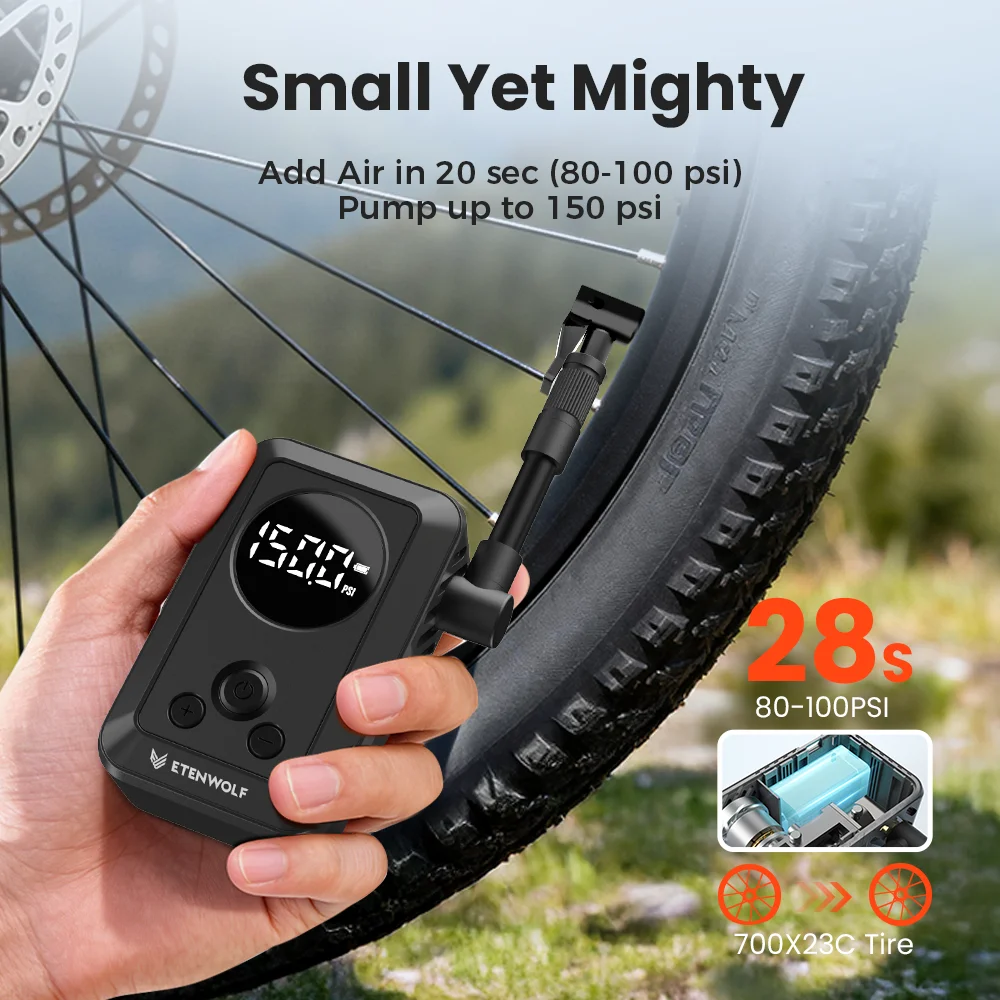 ETENWOLF S0 Mini Portable Electric Bike Tire Pump Cordless Inflator with Screen 150PSI Max Pressure 2400mAh Battery
