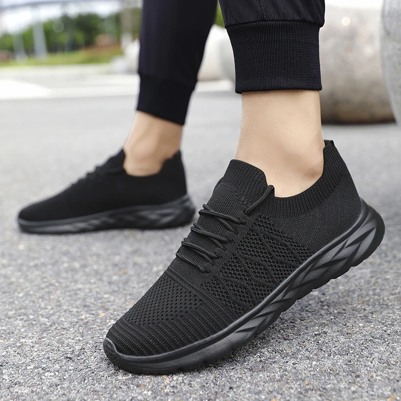 Men's Mesh Knit Walking Shoes, No-Tie Elastic Slip-On Sneakers, Breathable Lightweight Casual Athletic Shoes