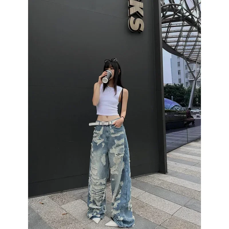 

Vintage Blue Ripped Jeans Women High Waist Y2k Streetwear Baggy Denim Trousers 2000s Female Punk Wide Leg Pants Pantalones