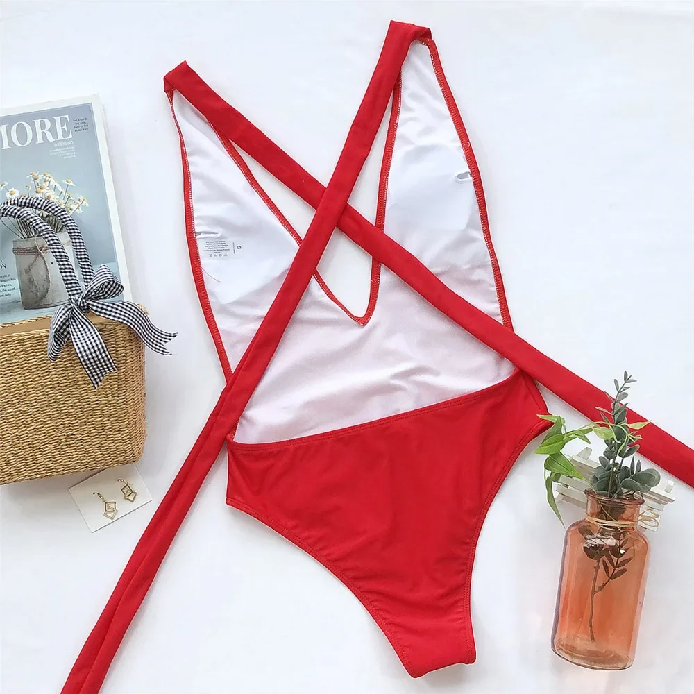 Sexy Red Cross Bandage Backless Swimwear One Piece Swimsuits Woman 2025 Knotted Straps Swimming Bathings Suit V Neck Bodysuits