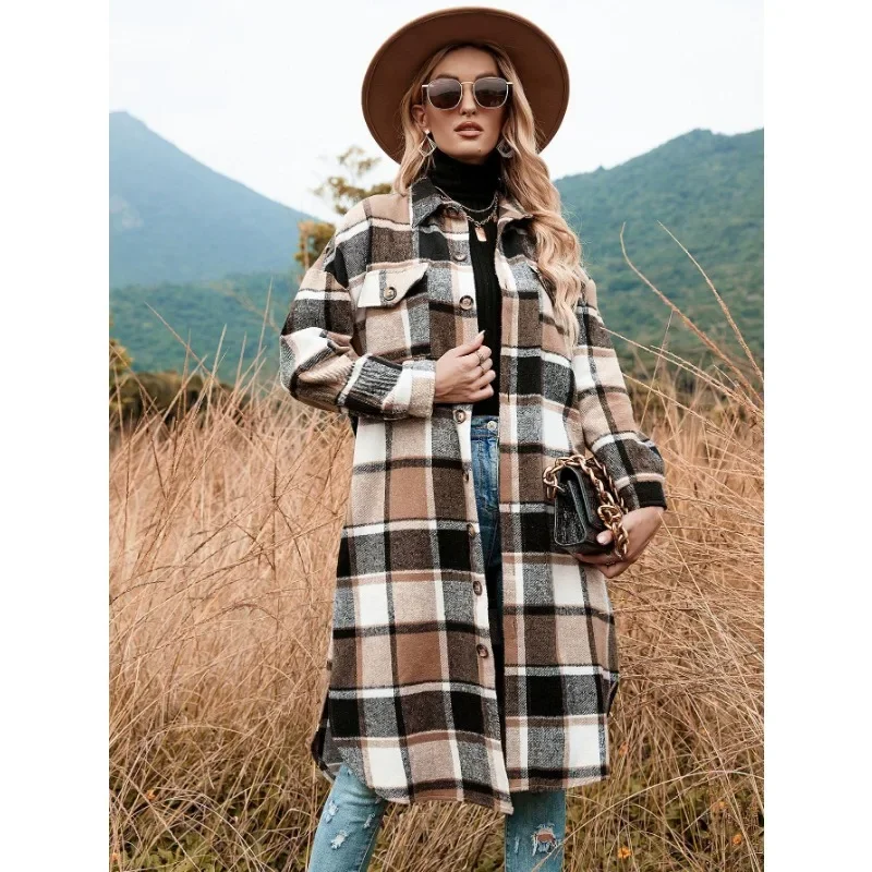 

Autumn Winter Women Outwear Brushed Plaid Shirts Fashion Lapel Button Down Long Sleeve Jackets Shacket Woolen Coats with Pocket