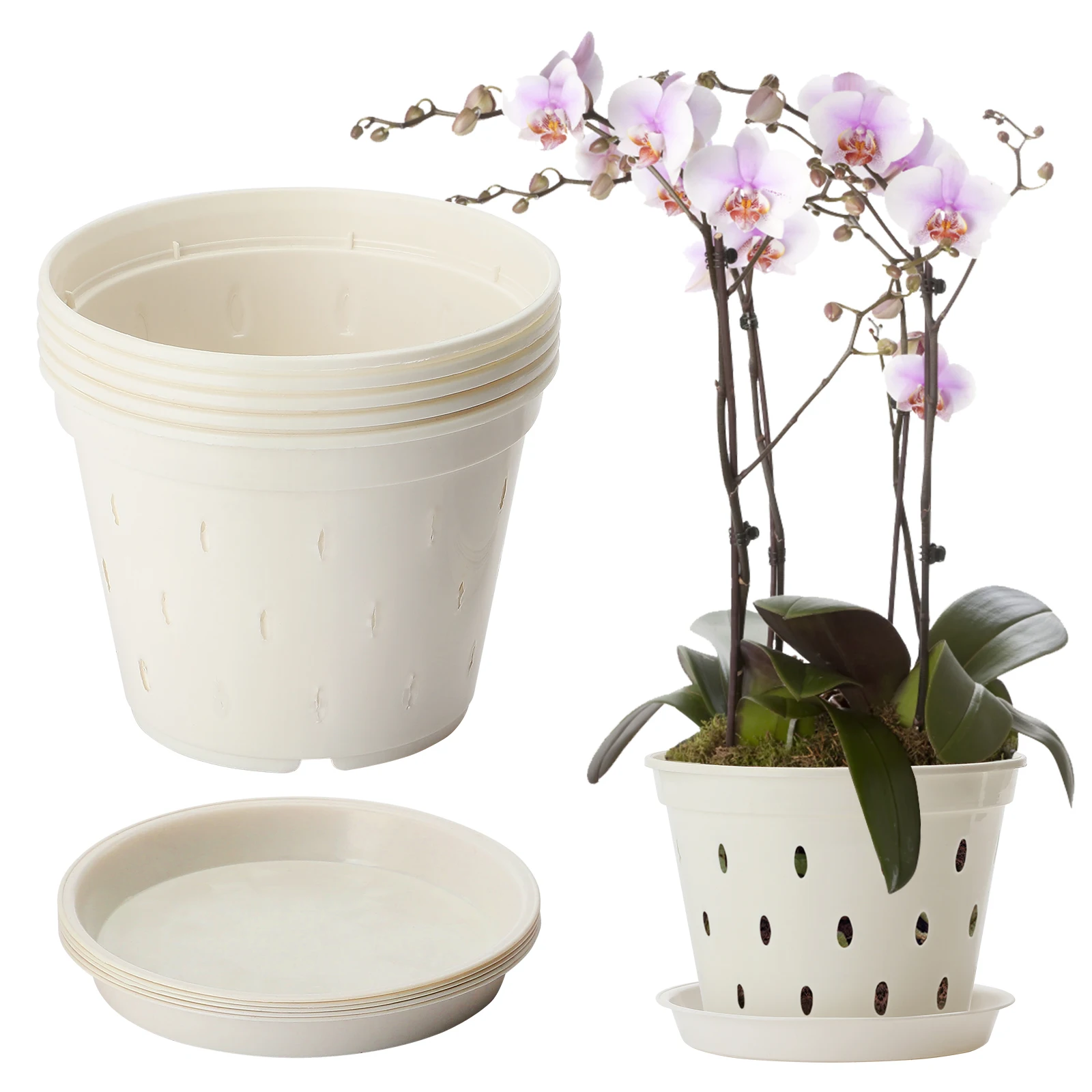 

D5 Set Of 5 White Orchid Pots Flowerpot With Trays 5x Transparent Seedling Cups For Moth Orchids Includes Trays Pots for Plants