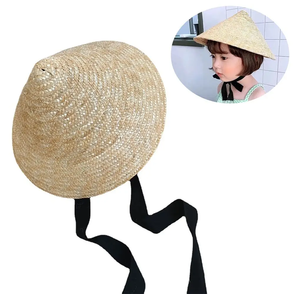 

Leisure Sunscreen Children Straw Plaited Hat with Straps Solid Visor Cap Bucket Hats for Children Seaside Vacation