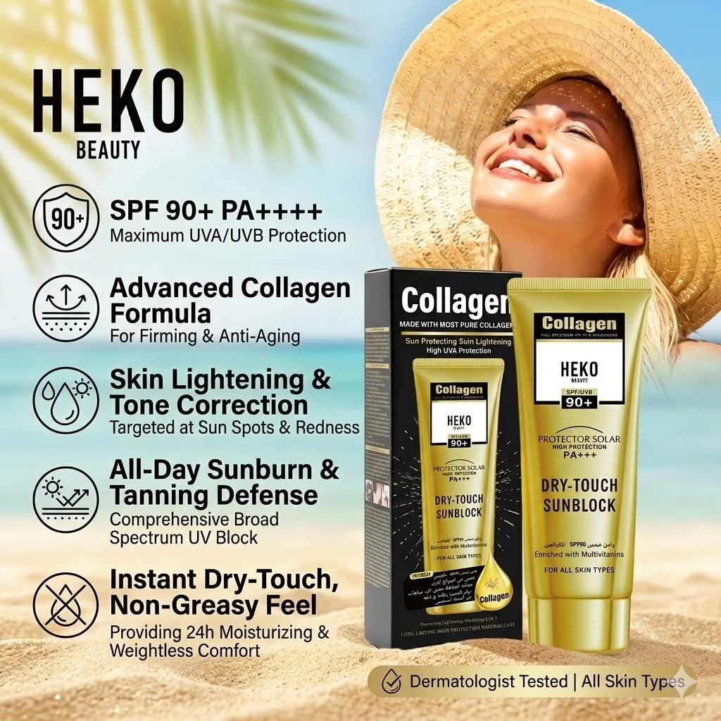 HEKO BEAUTY Collagen Sunscreen SPF 90+ PA+++ Dry Touch Sunblock 50g Matte Oil Control Waterproof Face Body Skin Protective Cream