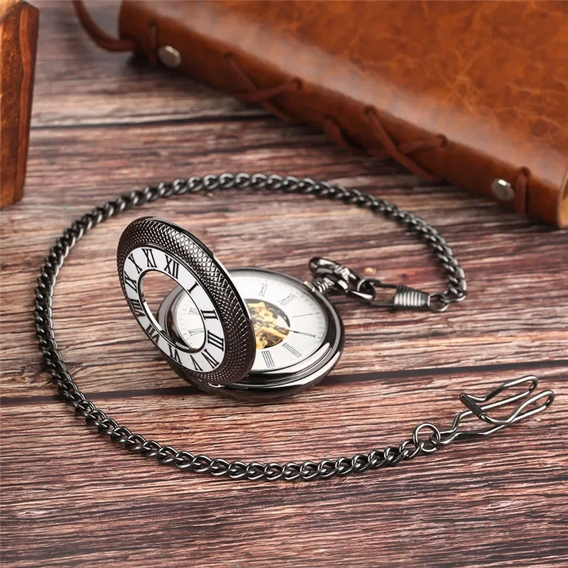 Vintage Black Half Hunter Men Women Mechanical Hand Winding Pocket Watch Roman Number Skeleton Clock Pendant Chain Gift reloj