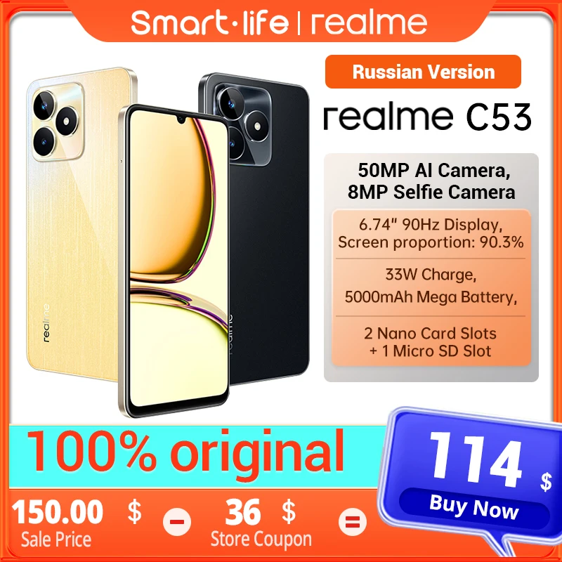 Realme-C53 Supervooc Charge avec grand écran, appareil photo AI 50MP, batterie massive 6.74 mAh, 5000mm, ultra mince, 6 Go + 7.49 Go, 33W, 128 ", 90Hz
