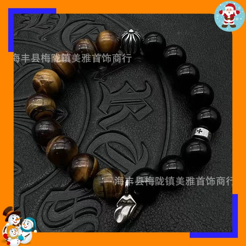 New Thai Silver Old Cross Obsidian Bracelet Trend Versatile Personality Couple Bracelet Factory Price Direct Supply