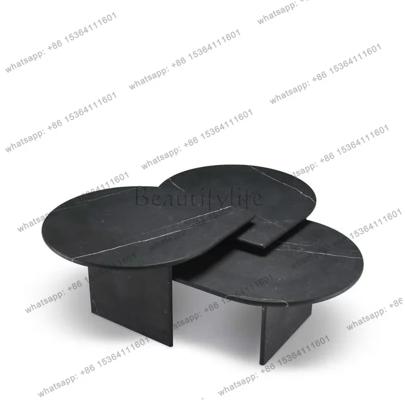 Italian Design Black Marble Coffee Table Set - Leaf Shape Nesting Tables, Luxury