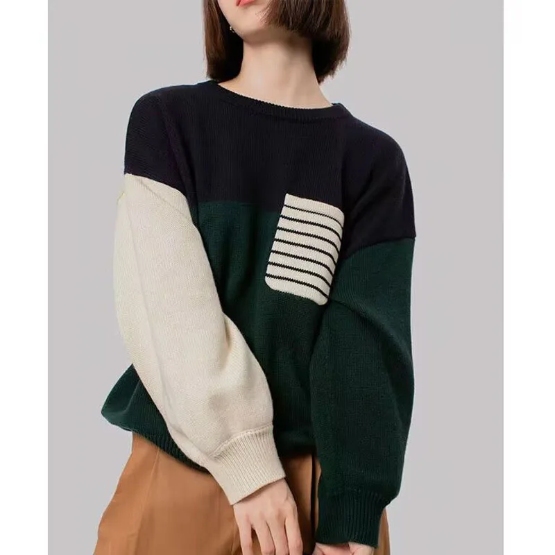 New Autumn Hong Kong Style Retro Design with Contrast Color Round Neck Loose and Versatile Western Women's Long Sleeve Sweater