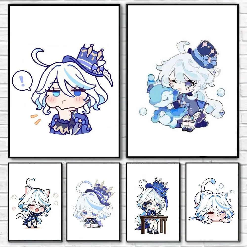 

F-Furina Chibi Cute Poster Self-adhesive Art Waterproof Paper Sticker Coffee House Bar Room Wall Decor