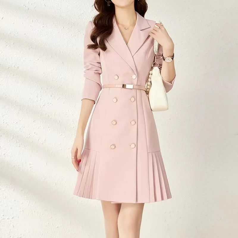 

Autumn Winter Pink Blazer Dresses for Women Elegant Notched Collar Double-Breasted Belt Slim Bodycon Pleated Dress
