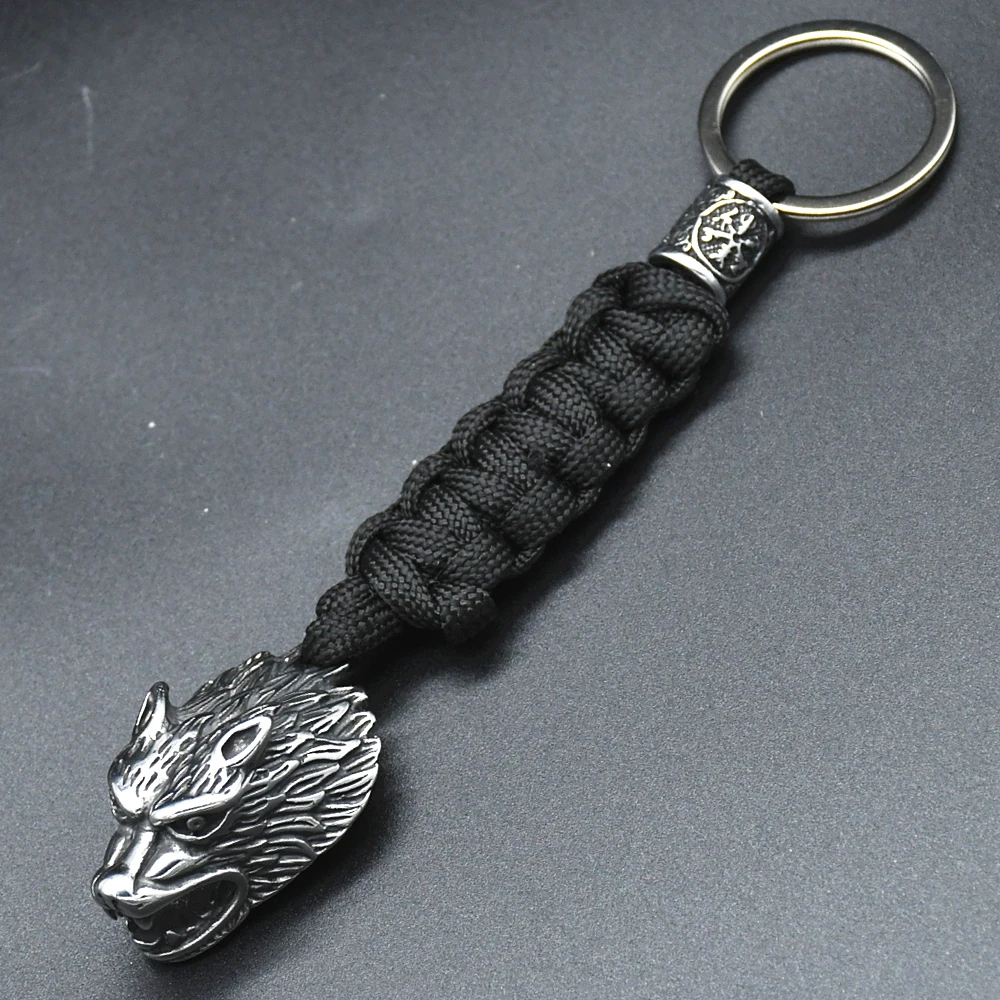 Viking Wolf Head Survival Rope Keychain Men\'s Stainless Steel Pendant Paracord Keyring Handmade Norse Pirates Rune Amulet Jewelr