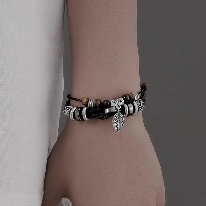 Meetvii Vintage Tree Leaf Bracelet Men's Personalized Multi layer Handwoven Leather Rope Bracelet Simple Couple Jewelry Gift