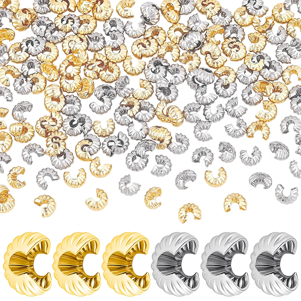 160Pcs 2 Colors Brass Crimp Bead Covers 5.5mm Small 14K Gold Platinum Plated Half Round Open Crimp Bead Knot Covers Cap Cord End