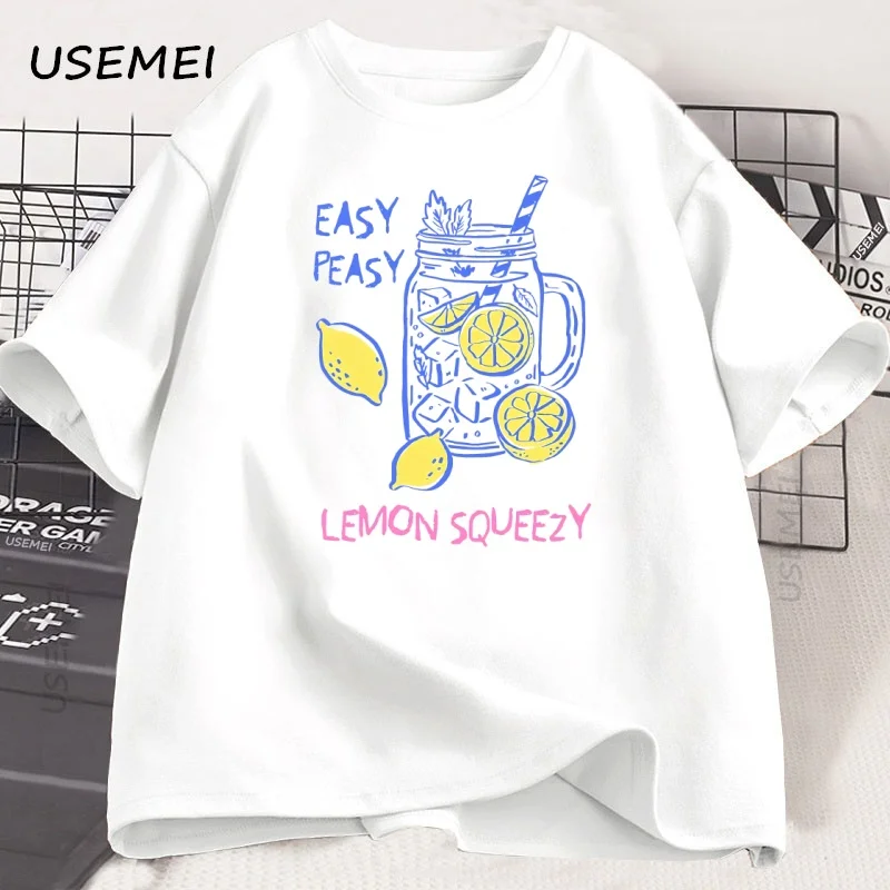 

Yellow Flowers and Stems Graphic T Shirts Cute Summer Lemon Squeezy T-shirt Cotton Round Neck Short Sleeve Top Tee Streetwear