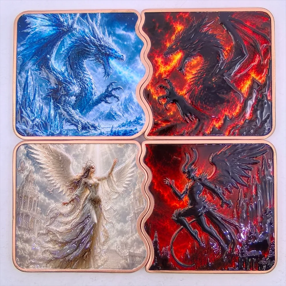 5OZ .999 Fine Copper Interlocking Bar Set Angel Demon Fire Ice Dragon Split Design Metal Bullion Bar Collectible Souvenir Gift