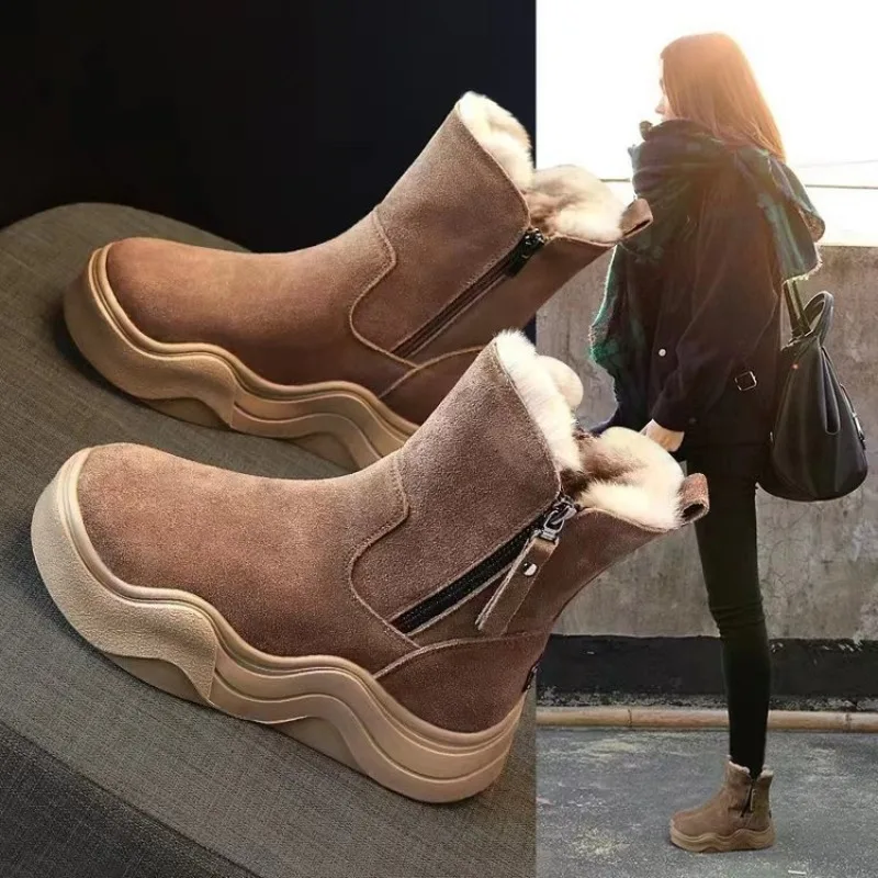 Mature Women's Boots Ankle Flock Winter Fashion Simple Round Head Side Zipper Warm Flat Snow Boots Women Shoes Coffee