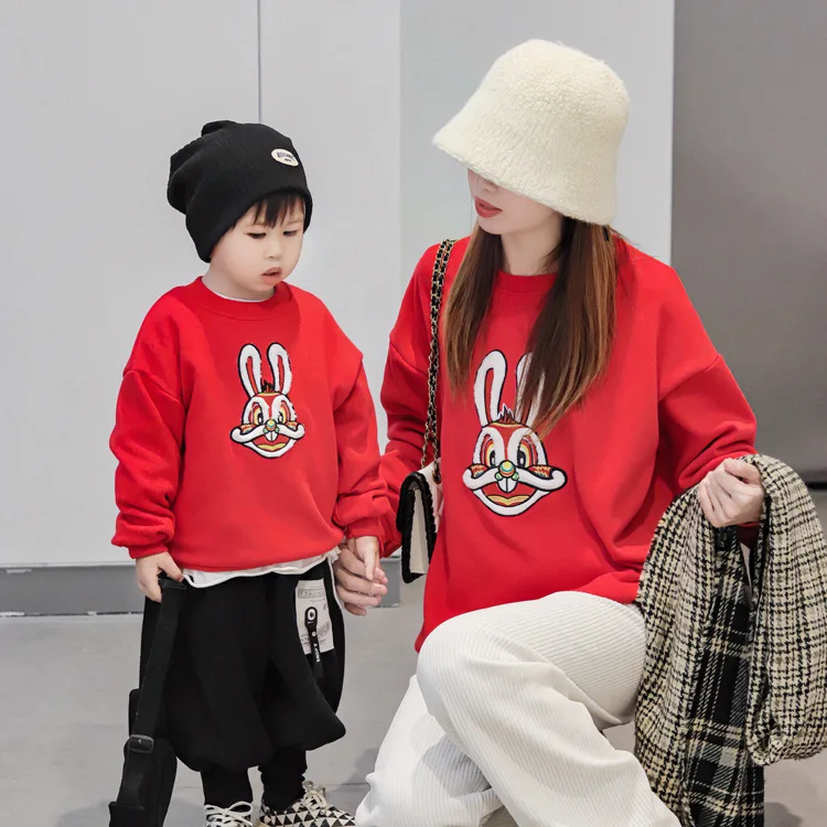 Chinese New Year Family Matching Outfits Dad And Son Equal Clothes Fashion Mom And Daughter Red Christmas Sweatshirt Baby Tops